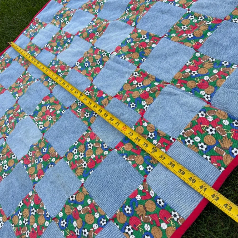 Handmade Denim Sports Patchwork Quilt Throw Blanket Blue Red Basketball Football